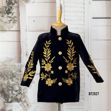 Load image into Gallery viewer, BT2527 Black Designer Baby Boy Velvet Party Jacket with Golden Floral Embroidery
