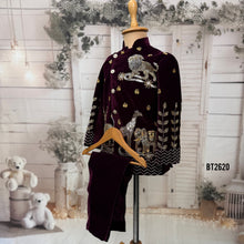 Load image into Gallery viewer, BT2620 Maroon Velvet Animal Theme Indo Western Set for Boys | Luxury Birthday Wedding Party Wear Outfit with Pants
