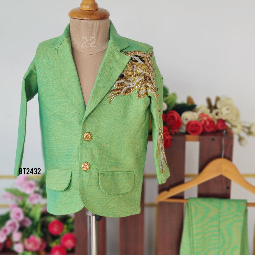 Bt2432 Boys Green Party Wear Blazer Set with Golden Embroidery – Birthday & Wedding Outfit