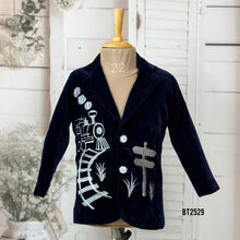 Load image into Gallery viewer, BT2529 Navy Blue Designer Baby Boy Velvet Blazer with Train Embroidery
