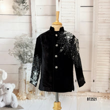Load image into Gallery viewer, BT2521 Black Velvet Baby Boy Jodhpuri Suit with Silver Sparkle Embroidery | Luxury Party &amp; Wedding Wear

