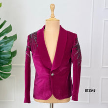 Load image into Gallery viewer, BT2549 Magenta Velvet Embellished Party Blazer
