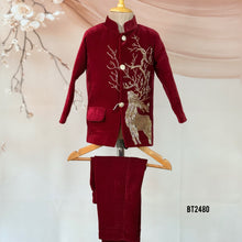 Load image into Gallery viewer, 🦌 BT2480 Majestic Deer Maroon Velvet Jodhpuri Suit for Baby Boys
