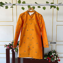 Load image into Gallery viewer, BT2355 Father-Son Twinning Orange Kurta with Purple Pajama Set – Festive Family Outfit
