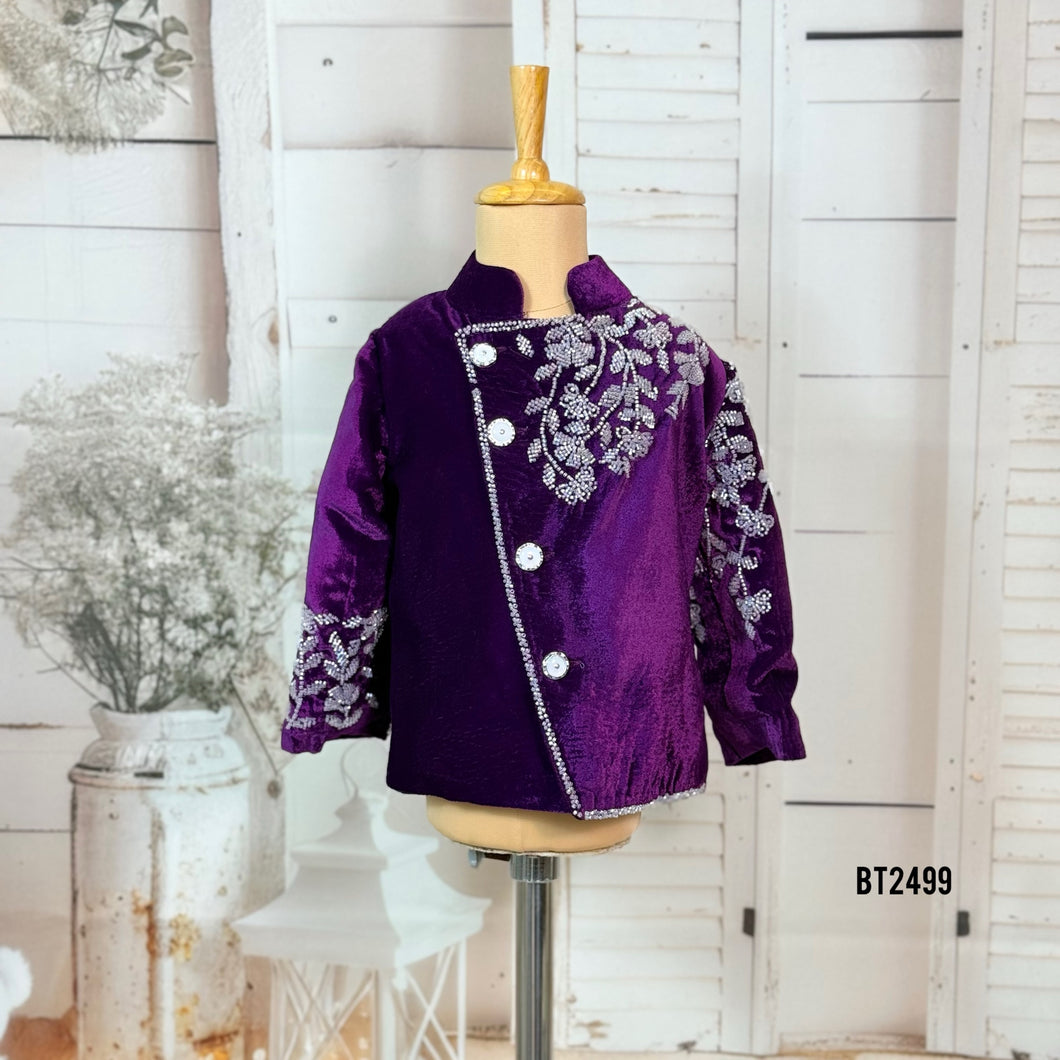 BT2499 Royal Purple Velvet Baby Boy Indo-Western | Silver Embroidered Party Wear Outfit