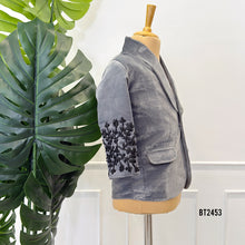 Load image into Gallery viewer, BT2453 Designer Baby Boy Grey Velvet Blazer with Black Hand Embroidery
