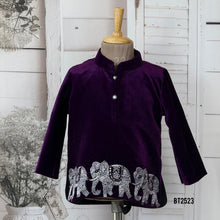 Load image into Gallery viewer, BT2523 Royal Purple Velvet Baby Boy Kurta with Silver Elephant Border Embroidery
