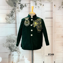 Load image into Gallery viewer, BT2496 Deep Green Velvet Baby Boy Indo-Western | Lion Crest Embroidered Royal Party Wear
