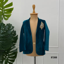 Load image into Gallery viewer, BT2688 Teal Blue Velvet Designer Baby Boy Party Wear Blazer
