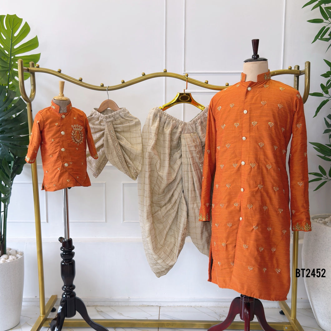 BT2452 Dad and Son Matching Rust Orange Kurta Set with Hand Embroidery