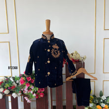 Load image into Gallery viewer, BT2368 Navy Blue Velvet Boys Sherwani with Golden Royal Crest Embroidery – Kids Party &amp; Wedding Wear
