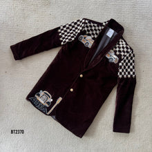 Load image into Gallery viewer, BT2370 Maroon Velvet Boys Party Blazer with Vintage Car Embroidery – Luxury Kidswear Set
