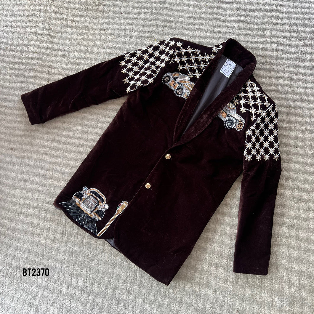BT2370 Maroon Velvet Boys Party Blazer with Vintage Car Embroidery – Luxury Kidswear Set