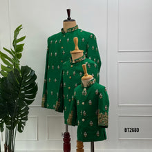 Load image into Gallery viewer, BT2680 Emerald Green Dad &amp; Son Matching Indo Western Sherwani Combo
