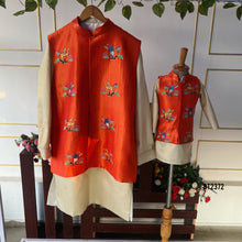 Load image into Gallery viewer, BT2372 Orange Embroidered Boys Nehru Jacket with Cream Kurta Pajama – Festive &amp; Wedding Outfit
