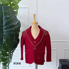 Load image into Gallery viewer, BT2438 Designer Baby Boy Wine Red Velvet Blazer Set with Shoulder Chain Detailing
