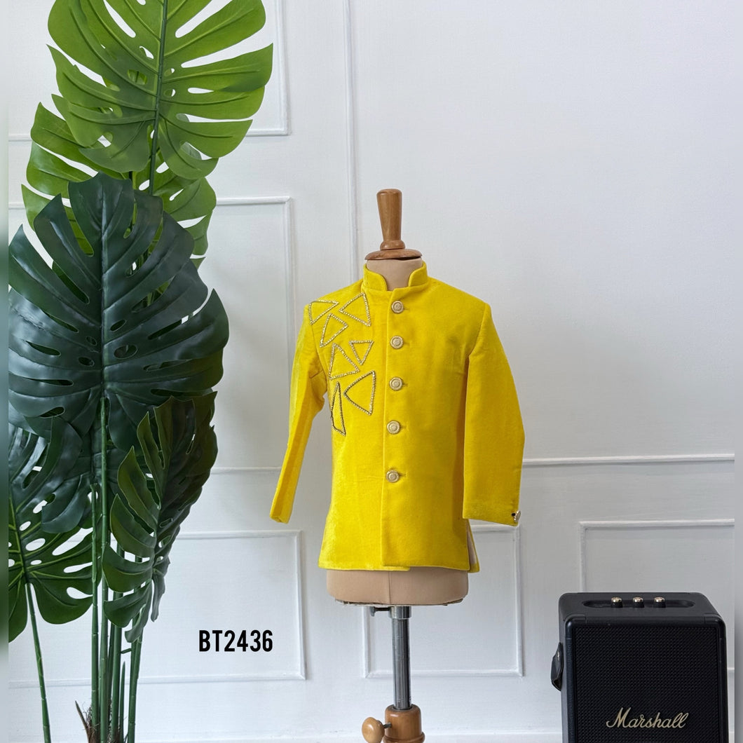 BT2436 Designer Baby Boy Yellow Blazer with Geometric Handwork Detailing