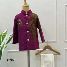 Load image into Gallery viewer, BT2434 Designer Baby Boy Magenta Blazer Set with Royal Hand Embroidery
