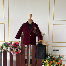 Load image into Gallery viewer, BT2385 Custom First Birthday Outfit for Baby Boy – Velvet Maroon Coat with Royal Lion Embroidery
