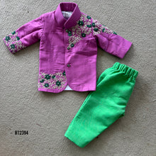 Load image into Gallery viewer, BT2394 Pink and Green Boys Sherwani Set with Floral Embroidery – Festive &amp; Wedding Party Wear Outfit
