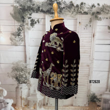 Load image into Gallery viewer, BT2620 Maroon Velvet Animal Theme Indo Western Set for Boys | Luxury Birthday Wedding Party Wear Outfit with Pants

