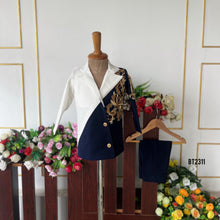 Load image into Gallery viewer, BT2311 White &amp; Navy Blue Boys Embroidered Blazer with Golden Detailing – Premium Party &amp; Wedding Outfit
