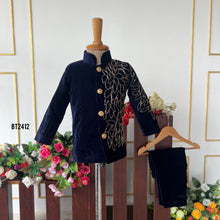 Load image into Gallery viewer, BT2412 Navy Blue Velvet Boys Sherwani with Golden Embroidery – Premium Wedding &amp; Party Wear Outfit

