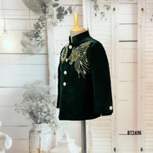 Load image into Gallery viewer, BT2496 Deep Green Velvet Baby Boy Indo-Western | Lion Crest Embroidered Royal Party Wear
