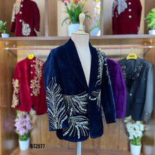 Load image into Gallery viewer, BT2577 Premium Velvet Baby Boy Party Wear Blazer – Midnight Blue Sparkle Edition
