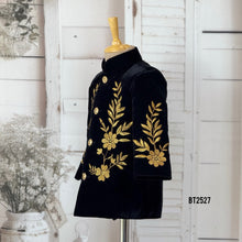 Load image into Gallery viewer, BT2527 Black Velvet Baby Boy Jodhpuri Suit with Gold Floral Embroidery | Luxury Party &amp; Wedding Wear
