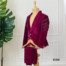 Load image into Gallery viewer, BT2549 Magenta Velvet Embellished Party Blazer
