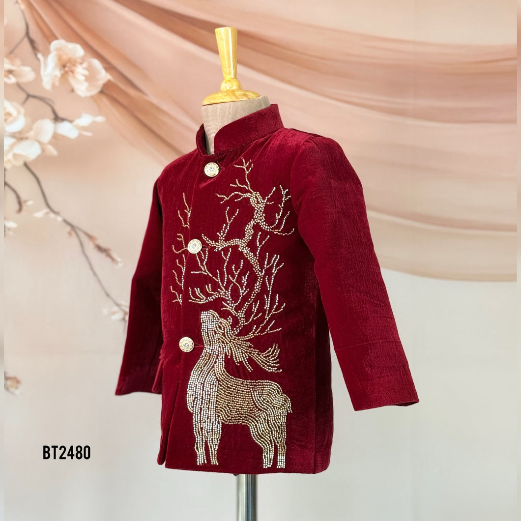 🦌 BT2480 Majestic Deer Maroon Velvet Jodhpuri Suit for Baby Boys
