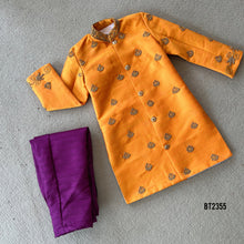 Load image into Gallery viewer, BT2355 Father-Son Twinning Orange Kurta with Purple Pajama Set – Festive Family Outfit
