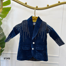 Load image into Gallery viewer, BT2458 Midnight Sparkle Velvet Baby Boy Blazer with Crystal Line Embroidery 💙✨
