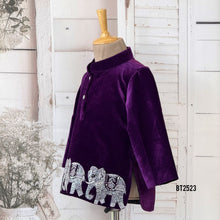 Load image into Gallery viewer, BT2523 Royal Purple Velvet Baby Boy Kurta with Silver Elephant Border Embroidery

