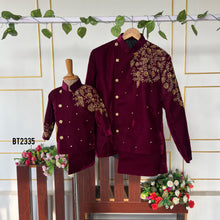 Load image into Gallery viewer, BT2335 🍷 Regal Burgundy Dad-Son Sherwani Set – Celebrate in Royal Style! 👑✨
