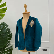Load image into Gallery viewer, BT2688 Teal Blue Velvet Designer Baby Boy Party Wear Blazer
