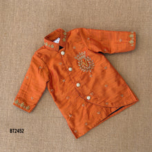 Load image into Gallery viewer, BT2452 Designer Baby Boy Rust Orange Kurta with Hand Embroidered Royal Crest
