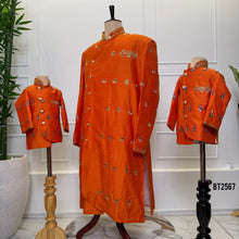 Load image into Gallery viewer, BT2567 Premium Orange Embroidered Dad–Son Kurta Combo
