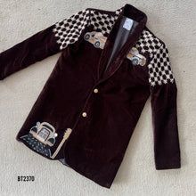 Load image into Gallery viewer, BT2370 Maroon Velvet Boys Party Blazer with Vintage Car Embroidery – Luxury Kidswear Set
