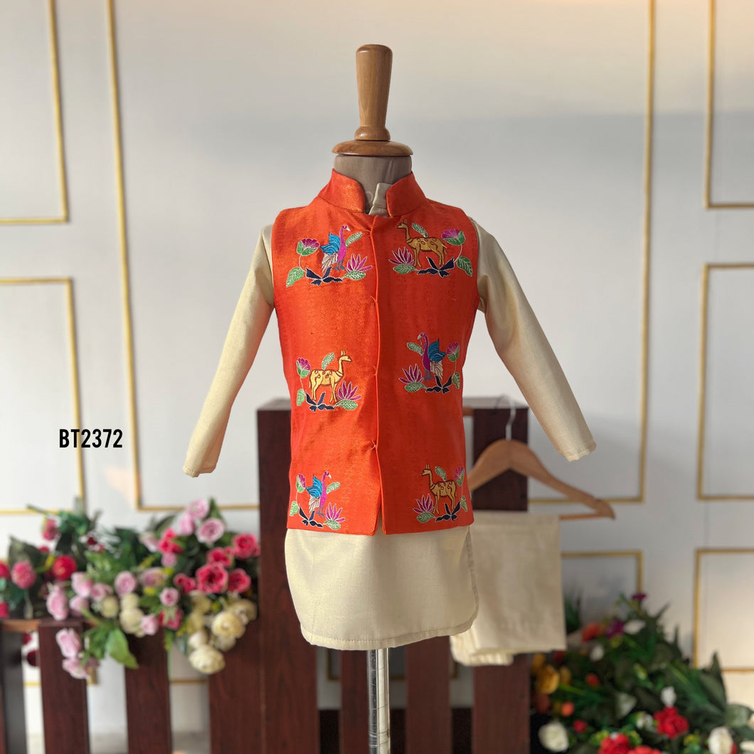 BT2372 Orange Embroidered Boys Nehru Jacket with Cream Kurta Pajama – Festive & Wedding Outfit