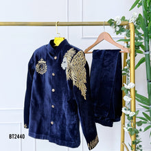 Load image into Gallery viewer, BT2440 Designer Dad Royal Blue Velvet Blazer Set with Lion Embroidery
