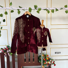Load image into Gallery viewer, BT2377 Royal Maroon Velvet Dad-Son Matching Sherwani Set with Golden Embroidery – Family Twinning Outfit
