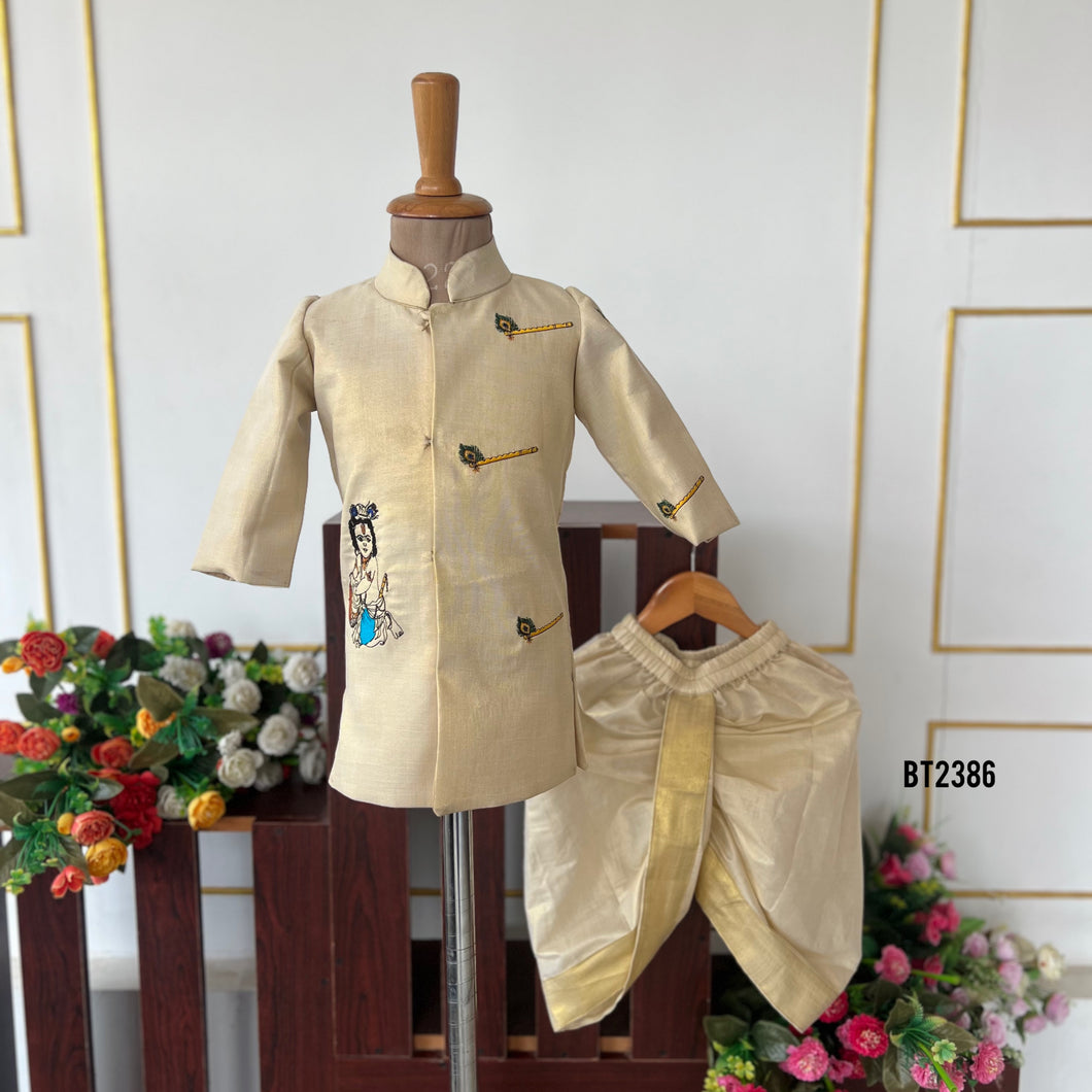 BT2386 Cream Boys Sherwani with Lord Krishna Embroidery & Golden Dhoti – Traditional Festive & Wedding Outfit