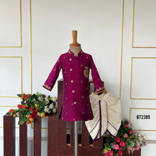 Load image into Gallery viewer, BT2390 Royal Purple Father-Son Sherwani with Cream Dhoti – Premium Family Twinning Outfit for Weddings &amp; Festive Celebrations
