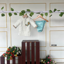 Load image into Gallery viewer, BT2391 White Boys Kurta with Peacock Feather Embroidery &amp; Aqua Blue Pajama – Traditional Festive &amp; Wedding Outfit
