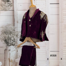 Load image into Gallery viewer, BT2535 Wine Purple Designer Baby Boy Velvet Blazer Set with Hand Embroidery
