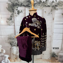 Load image into Gallery viewer, BT2620 Maroon Velvet Animal Theme Indo Western Set for Boys | Luxury Birthday Wedding Party Wear Outfit with Pants
