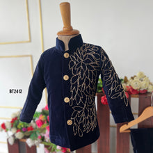 Load image into Gallery viewer, BT2412 Navy Blue Velvet Boys Sherwani with Golden Embroidery – Premium Wedding &amp; Party Wear Outfit
