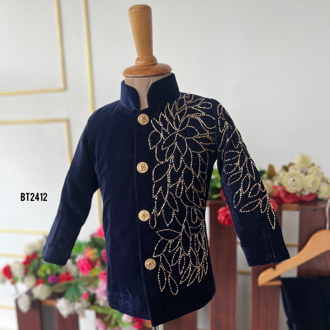BT2412 Navy Blue Velvet Boys Sherwani with Golden Embroidery – Premium Wedding & Party Wear Outfit